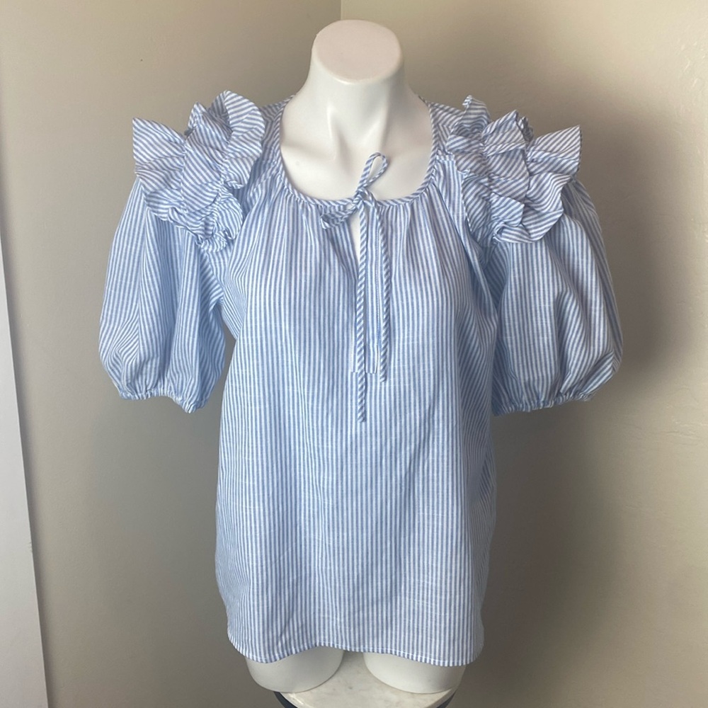 Caballero Striped Blue Puff-Sleeve Ruffle Blouse